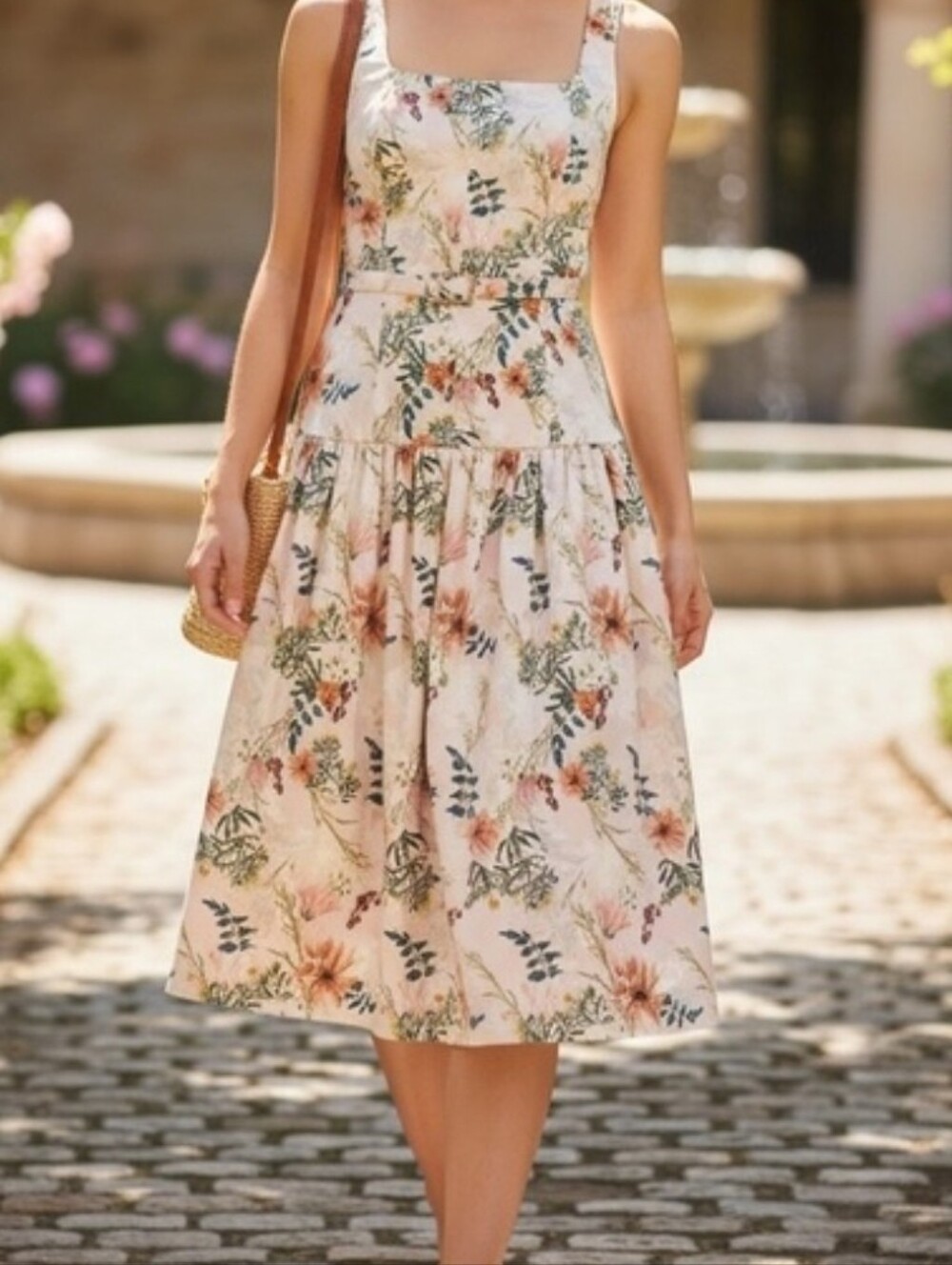 Antonio Melani Beige Floral Drop-Waist Sleeveless Midi Dress, Sz.2 NWT (No Belt)